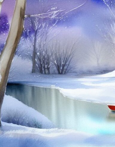 A ethereal watercolor painting of snow-covered trees and a stream with sunshine and a small boat