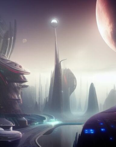 A futuristic city and a moon
