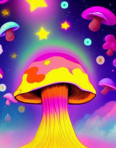 A giant mushroom on a cloud with stars in the background