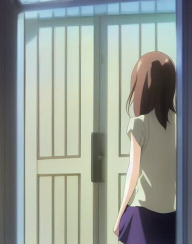A girl with beautiful face standing in front of a door