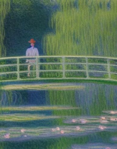 A gloomy painting of a man standing next to a pond filled with water lilies