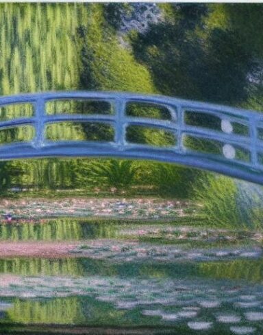 A gloomy painting of a woman standing next to a pond that is filled with water lilies