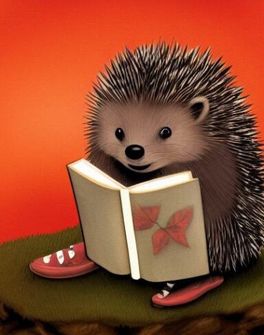 A hedge sitting on a stump reading a book