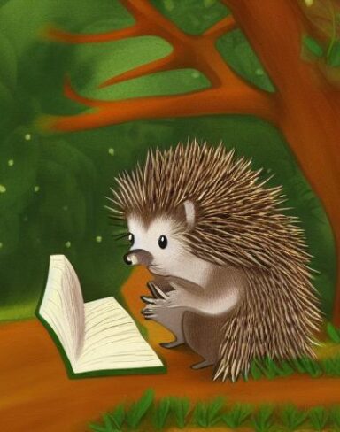 A hedge sitting on a stump reading a book