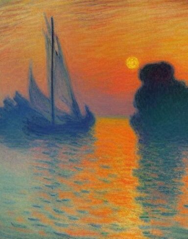 A joyful painting of a boat in a body of water at neon sunset