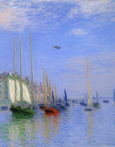 A joyful painting of a building next to a body of water