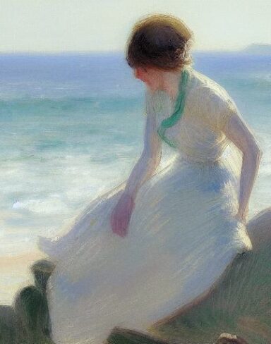 A joyful painting of a woman sitting on a rock by the ocean