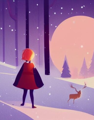 A joyfullittle girl with red hood facing backward standing next to a jumping deer in the snow at night