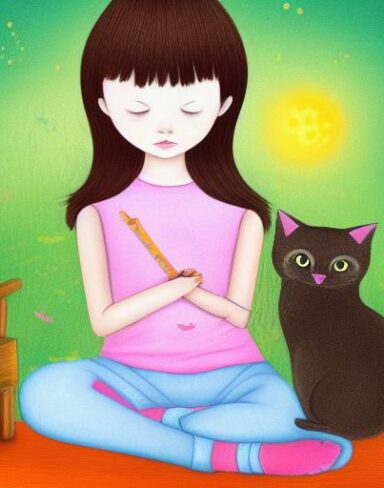 A little girl sitting next to a cat