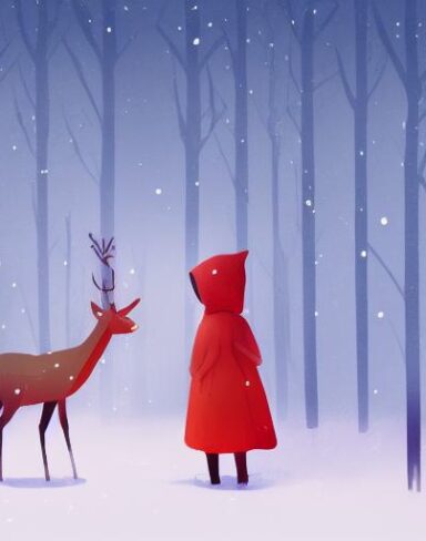 A little girl with red hood facing backward standing next to a deer in winter a storybook illustration inspired by Pascale Campion