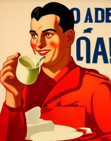 A man holding a cup of milk in front of a plate of dessert