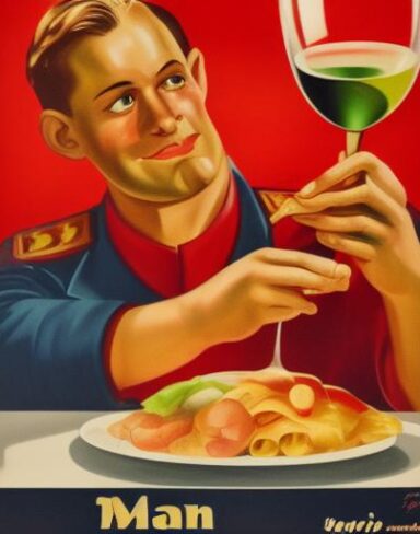 A man holding a wine glass in front of a plate of food