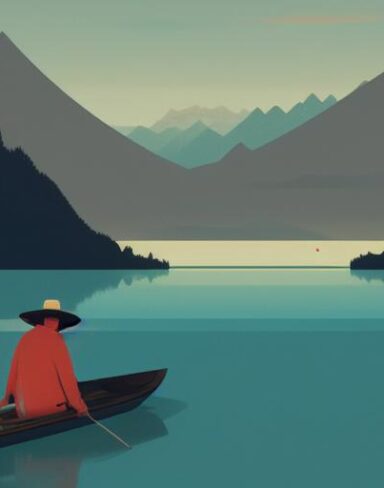 A man on the boat on a lake with mountain