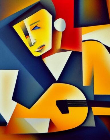 A melancholic painting of a boy playing a guitar