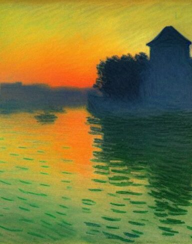 A melancholic painting of a building next to a body of water at sunset time