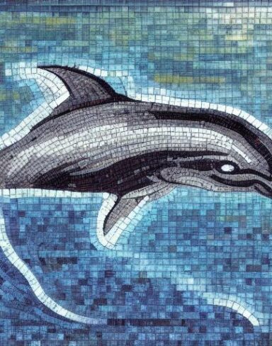 A mosaic of a dolphin swimming in the ocean inspired by Charles Ginner