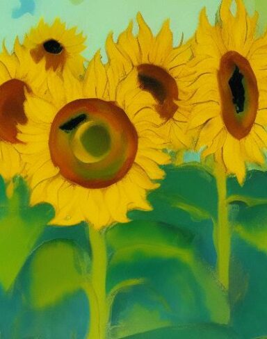 A oil painting of sunflowers in the field