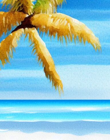 A painting of a beach scene with a palm tree and sand