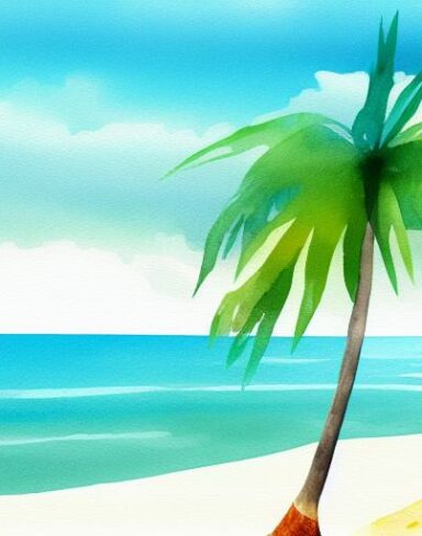 A painting of a beach with one palm tree