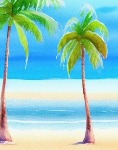 A painting of a beach with several palm trees