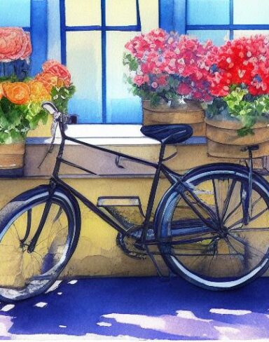 A painting of a bicycle located in front of a flower shop