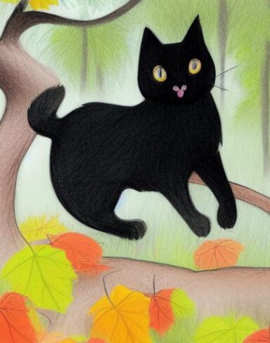 A painting of a black cat climbing up a tree in the autumn forest