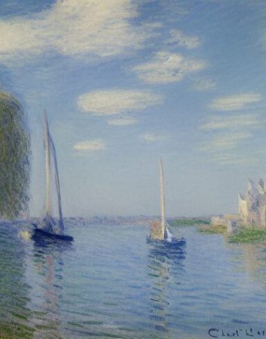 A painting of a building next to a body of water