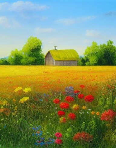 A painting of a bunch of flowers in a farmland