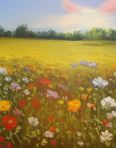 A painting of a bunch of little flowers in a field