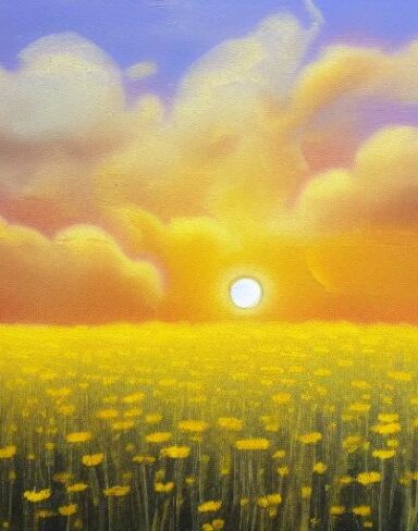 A painting of a bunch of yellow flowers in a field with sunrise sky