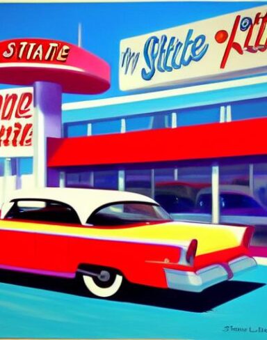 A painting of a car parked in front of a starlite diner