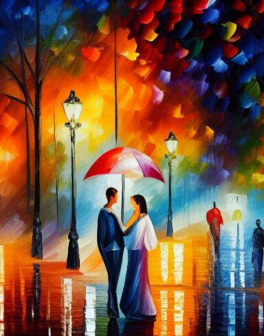 A painting of a city street and a pair of couple at night