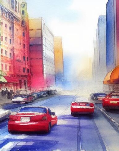 A painting of a city street with cars