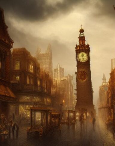 A painting of a city with a clock tower