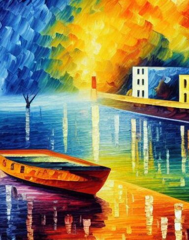 A painting of a city with boat in the water