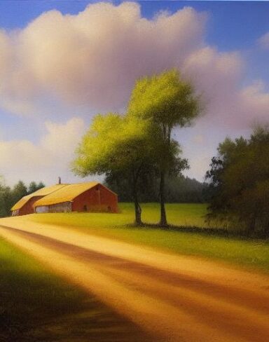 A painting of a country road and farmers