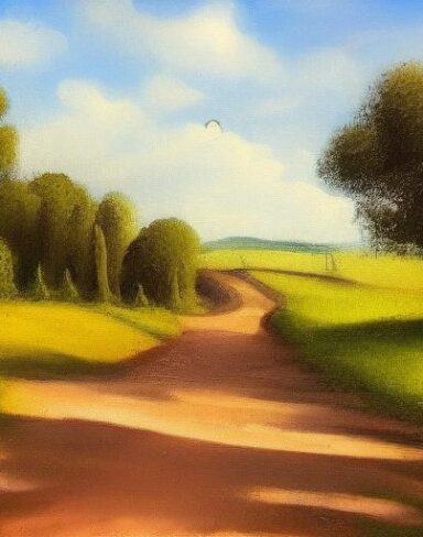 A painting of a country road with a farmer