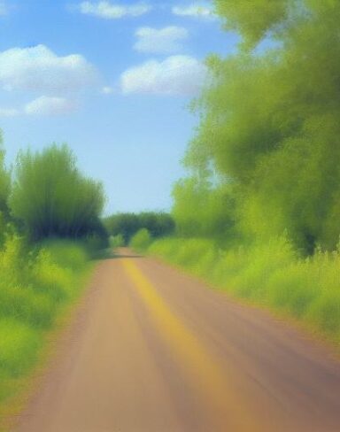 A painting of a country road with lots of shrubs