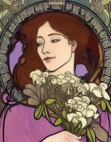 A painting of a crying woman holding flowers