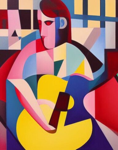 A painting of a girl playing a guitar