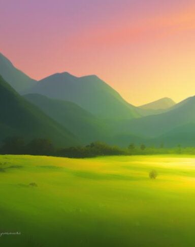 A painting of a green field with mountains in the sunset background