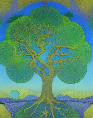 A painting of a green tree with blue sky in the background