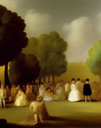 A painting of a group of people in a field with trees by Francisco de Holanda