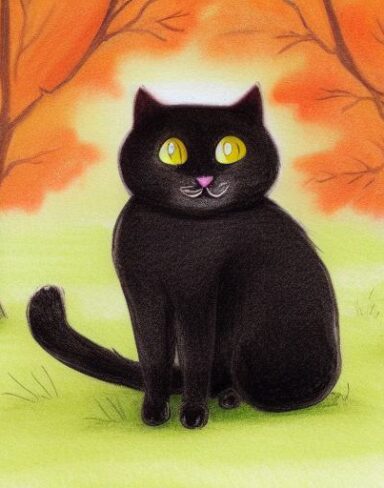 A painting of a happy black cat in the autumn forest