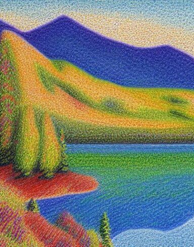 A painting of a lake with mountain