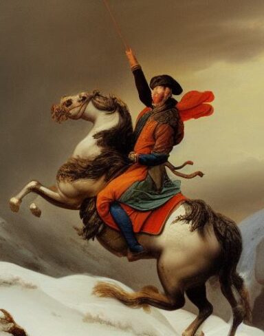 A painting of a man riding on the back of a horse in winter