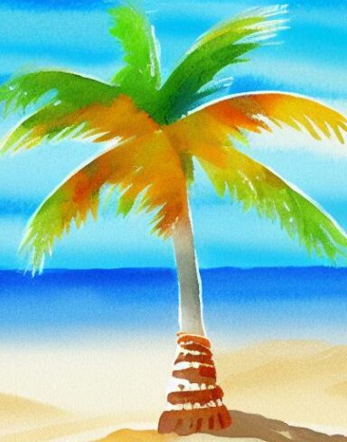 A painting of a palm tree in a beach with sand
