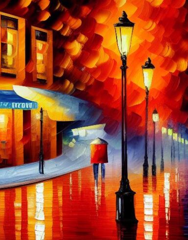 A painting of a restaurant street at night