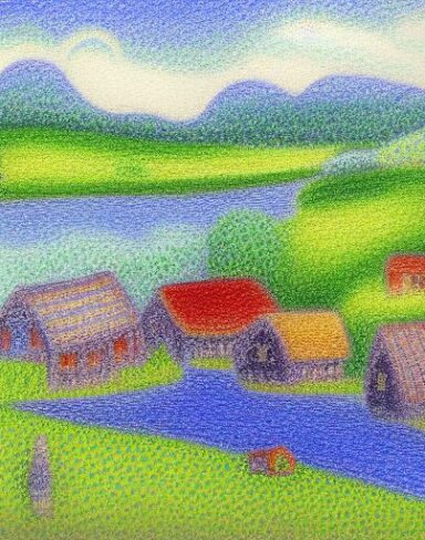 A painting of a river and house village