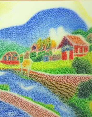 A painting of a river and house village